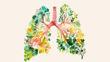 A watercolor clipart of human lungs created from trees and plants, on a white background, delicate and whimsical, perfect for ecofriendly or healththemed designs