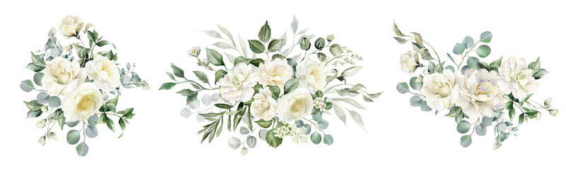 White flowers and green eucalyptus leaves watercolor illustration isolated on transparent background. Creamy roses bouquets, wedding florals