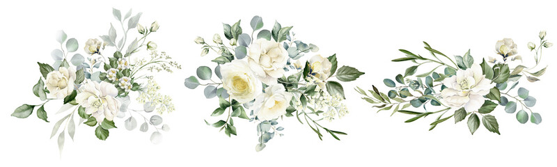 White flowers and green eucalyptus leaves watercolor illustration isolated on transparent background. Creamy roses bouquets, wedding florals © Nataliya Kunitsyna