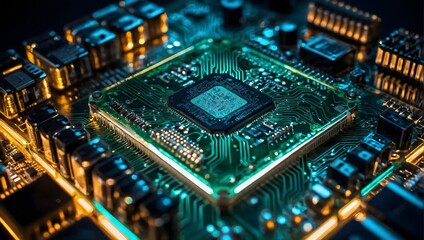 Obraz premium Advanced Technology Concept Visualization: Circuit Board CPU Processor Microchip Starting Artificial Intelligence Digitalization of Neural Networking and Cloud Computing. Digital Lines Move Data.