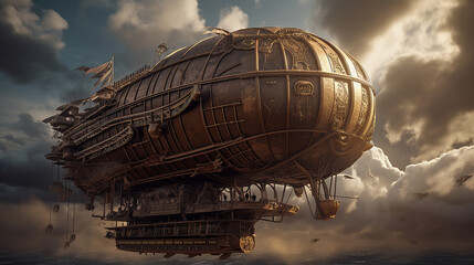 A magnificent steampunk airship soaring through a stormy sky, intricate patterns on the background. creating shadows reminiscent of cyberpunk aesthetics. The overall atmosphere conveys mystery or futu