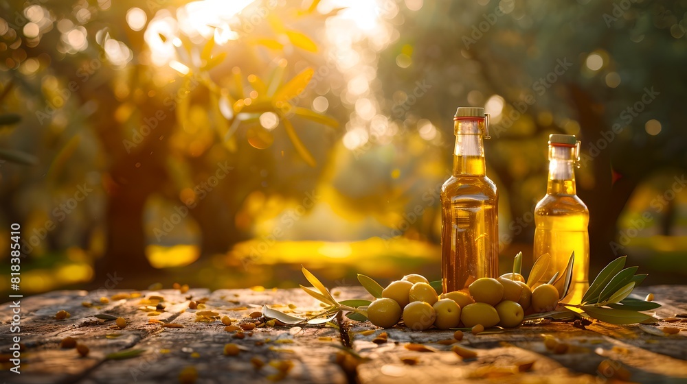 Poster Bottles of olive oil and fresh olives on rustic table in sunny orchard. Warm sunlight bathes the peaceful scene. Perfect for organic, natural, and food themes. AI