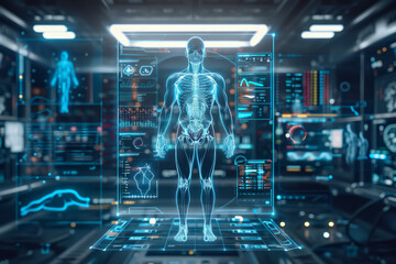 Virtual Human Anatomy, Digital skeleton displayed in a high-tech lab, Biomedical Visualization