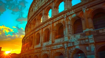 Fototapeta premium Colosseum at sunrise. Historic Rome. Beautiful orange and teal tones. Stunning architecture and important landmark. Digital artwork. AI