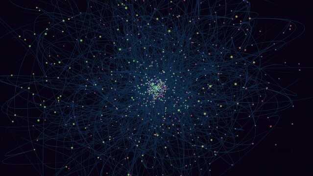 An intricate web of lines and dots forms a visual representation of a network. Dots represent nodes, lines signify relationships, and colors convey diverse information and connections