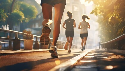 A group of people jogging on a sunny street with trees and modern buildings in the background, promoting fitness and a healthy lifestyle. - Powered by Adobe