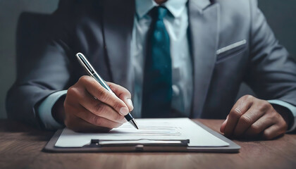 Fototapeta premium A businessperson in a suit signing a document on a clipboard.