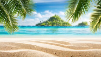 A tropical beach scene with palm leaves framing the view of a calm ocean and a distant island under a bright blue sky.