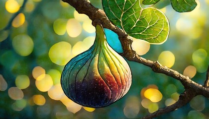 A close-up of a fig hanging from a tree with leaves and a bokeh background.