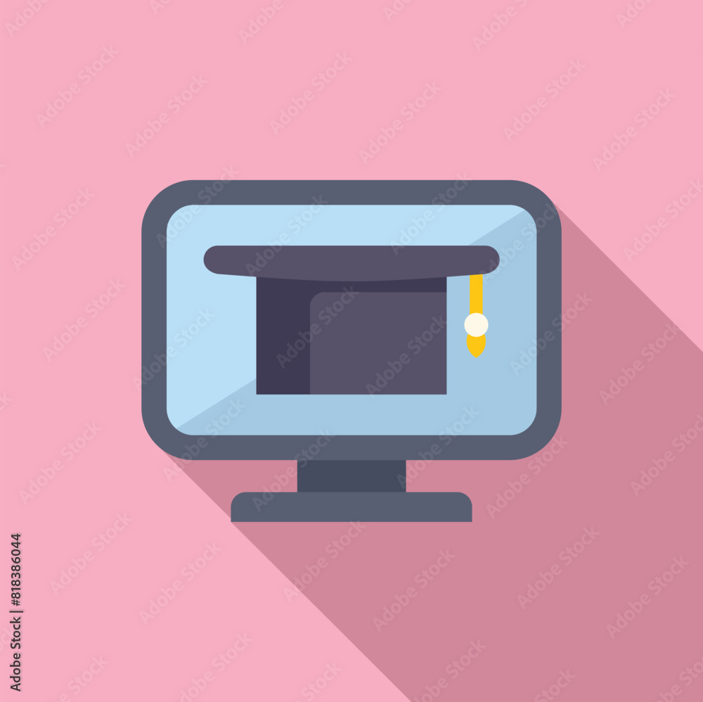 Poster flat design vector of a graduation cap on a computer screen, symbolizing online education and virtua