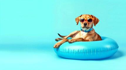Cute dog lounging on a blue inflatable pool float. Summer vibes with a pet. Fun and playful dog enjoying relaxation. Perfect for summer-themed designs. AI