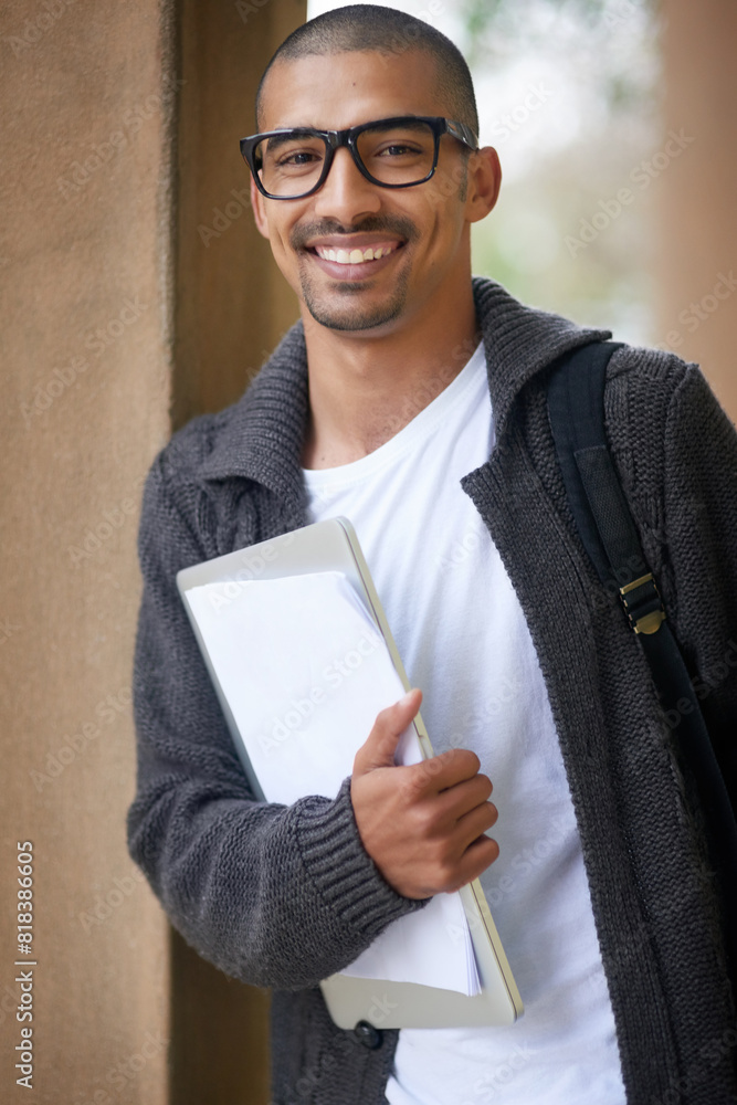 Poster student, portrait and college with smile, notebook and learning for development or education in univ