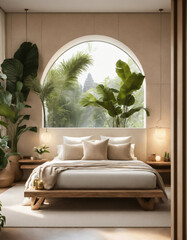 Ultra realistic photo of modern take on upscale bali inspired small condo white cream stone