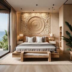 Ultra realistic photo of modern take on bali inspired low ceiling small apartment white cream stone