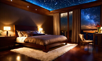 Romantic bedroom night sky bedroom dark wood fluffy rug chair