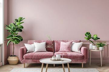 Scandinavian style interior with sofa and coffe table. Empty wall mock up in minimalist interior with pastel colors. 3D illustration.