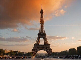Naklejka premium Olympic Torch with silhouette of the Eiffel Tower in background. Olympic Paris 2024 Concept. Ai Generative.