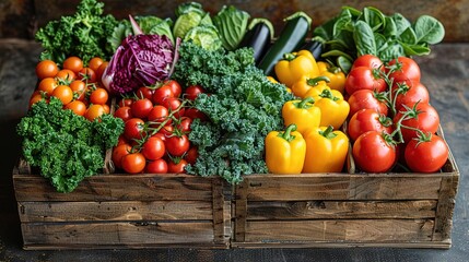 A variety of fresh vegetables, including tomatoes, peppers, kale, and cabbage, are arranged in a wooden crate