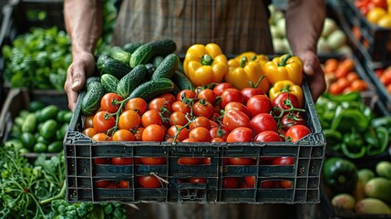 A farmer holds a basket full of fresh, organic vegetables