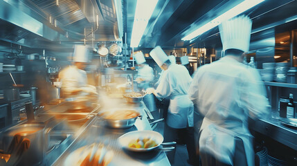 Generative AI, busy chefs working on the restaurant kitchen , blurred background PHOTOGRAPHY


