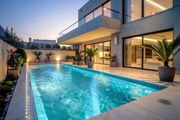 Fototapeta premium : An elegant modern villa with a shimmering swimming pool, enhanced by underwater LED lighting and surrounded by a chic, minimalist patio with potted plants.