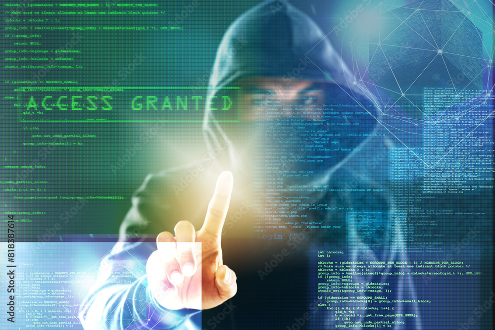 Fototapete Code overlay, hacker and fingerprint of man for programming, coding and information technology. Cybersecurity, user interface and person with password for online crime, fraud and download virus