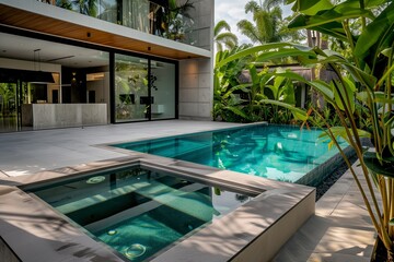 : A contemporary luxury villa with a swimming pool that features a built-in hot tub, surrounded by lush tropical plants and sleek modern architecture.