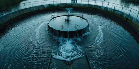 Blackwater treatment tank with waste water, water clarifier cleaning. Nobody, industry sewer systems. 