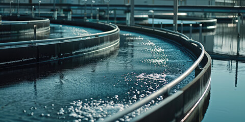 Blackwater treatment tank with waste water, water clarifier cleaning. Nobody, industry sewer systems. 