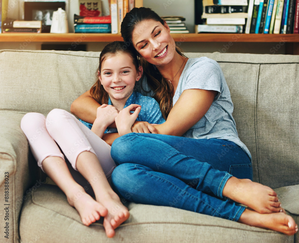 Sticker Happy family, woman and daughter in home with hug, affection and couch in bonding for memory as preteen. Cheerful mom, girl and cute for love, support and childhood development on mothers day