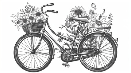 
Hand drawn retro bicycle with spring flowers and plants in basket. Vintage sketch vector illustration 3D avatars set vector icon, white