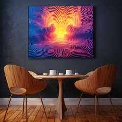 Cozy dramatic dining room coffee shop mockup mock up with large abstract wall art table chairs decor interior design