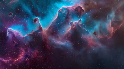 A vibrant cosmic nebula, showcasing a mesmerizing blend of colors from deep purples and blues to fiery oranges and reds.