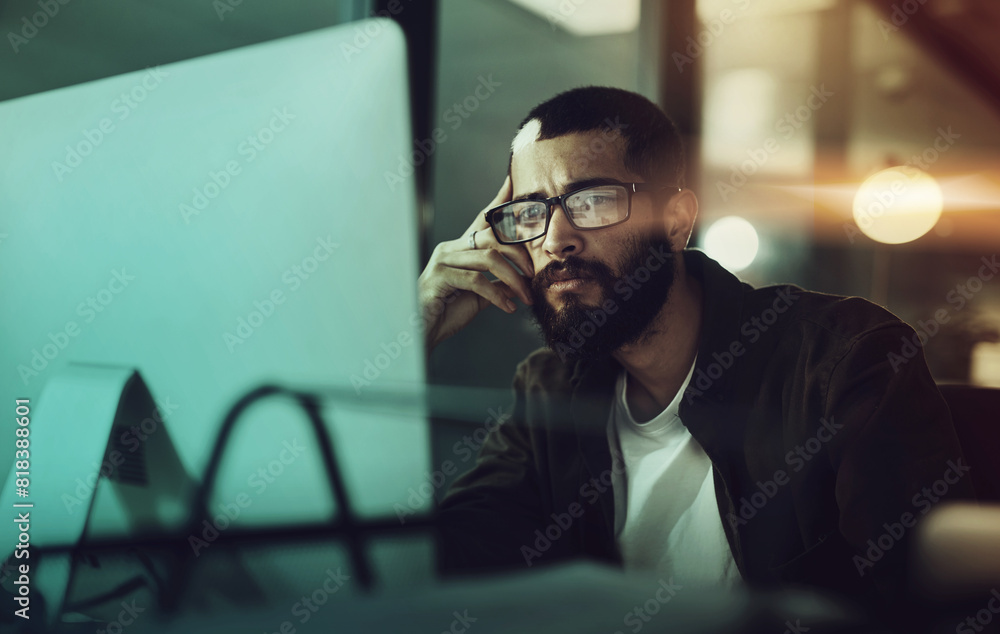 Leinwandbilder Computer, night and man by desktop with thinking for working overtime, proposal review and internet research. Male programmer, coding language and pc with idea for software development and workaholic