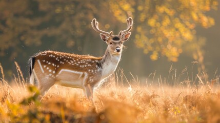 Single fallow deer buck standing in meadow. North Rhine-Westphalia, Germany