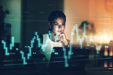 Woman, overlay and stock trading on laptop at night, finance and market graphs or stats. Female person, website and plan for global exchange or monitor investment, online and accounting on internet