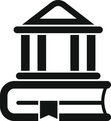 A bold vector icon featuring a library building atop an open book, symbolizing education