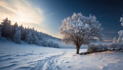 Beautiful winter forest landscape sunset in the mountains
