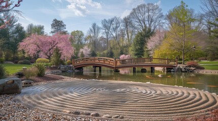 A tranquil Japanese garden featuring a beautifully manicured landscape with cherry blossom trees in full bloom.