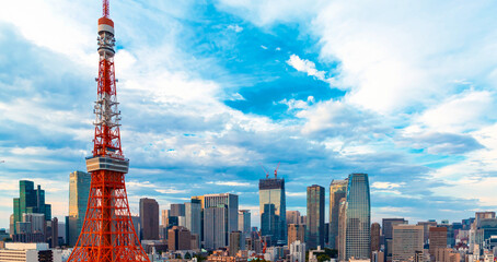 Skyscrapers and Tokyo Tower in Minato, Tokyo, Japan