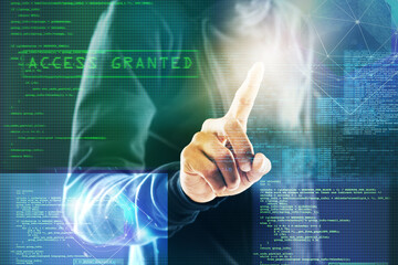 Code overlay, hacker and fingerprint of person for programming, coding and information technology in dark. Cybersecurity, computer interface and graphic for online crime, finance fraud and virus