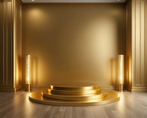 Gold luxury background podium stage product with spotlight light effect and isolated 3D render