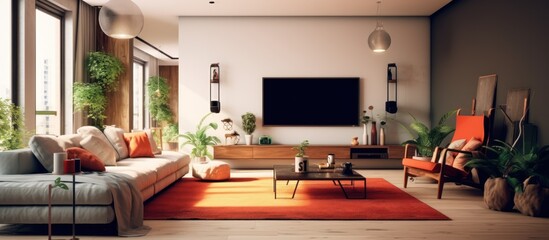 The decoration of the relaxing room includes a sofa and television