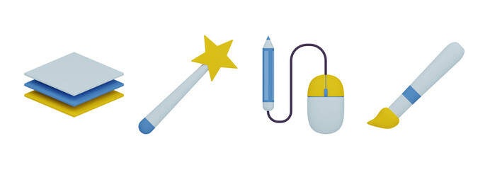 3d Layer, Magic Wand, Mouse, Paint Brush. Graphic design 3d set. Transparent background