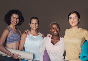 Wall, group and friends with portrait in yoga class, activewear and smile for fitness in wellness...