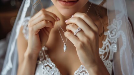 necklace jewelry on the neck of the bride, smooth-skinned, beautiful woman
