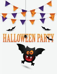 Halloween poster design with a cute Bat in the central part and Bats Flying Over Halloween Party sign. Halloween holiday. Vector illustration.	