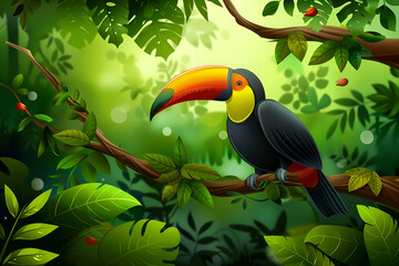 Toucan sitting on the branch in the forest, green vegetation, Costa Rica. Nature travel in central America. Two Keel-billed Toucan, Ramphastos