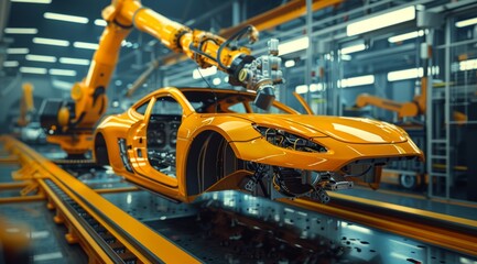 Yellow robotic arm is crafting an uncast car in the middle of a modern automotive factory in a photorealistic style.
