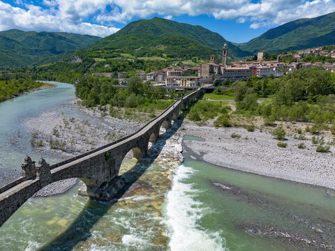 Aerial view of Bobbio village and its ancient bridge